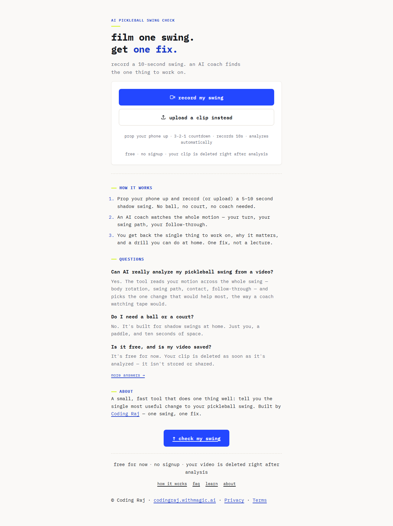 AI Pickleball Swing Check homepage